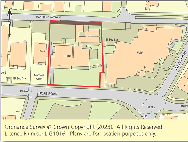 Lot: 99 - HOTEL WITH PLANNING FOR PARTIAL DEMOLITION; EIGHT TWO-BEDROOM APARTMENTS AND RETENTION OF A SMALLER BOUTIQUE HOTEL - Plan showing location